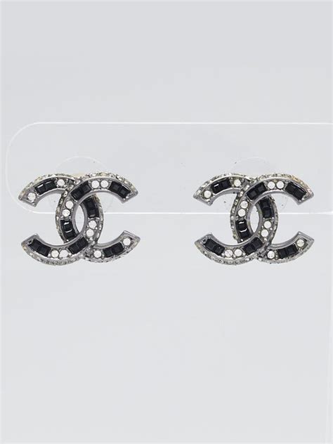 CHANEL Ruthenium Crystal CC Earrings Black 